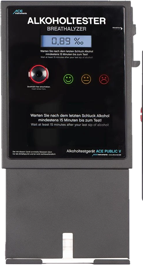 Alkoholtestautomat ACE Public V mit Display, Strohhalm-Einschub und farbigen Ergebnissymbolen